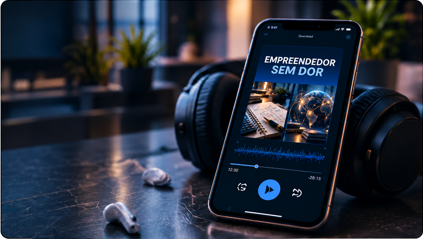 Podcast da Academia num telemóvel com auscultadores